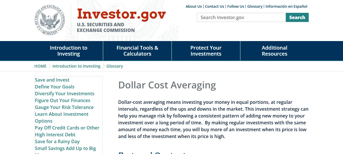 Screenshot of the Investor.gov glossary page Dollar Cost Averaging from the U.S. Securities and Exchange Commission, defining it as investing equal portions at regular intervals regardless of market ups and downs